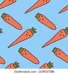 Kawaii carrot print. Cheerful vegetable pattern for children's kitchen designs. Funny food characters smile fervently. Seamless texture of crop of farm garden on blue background. Flat illustration.