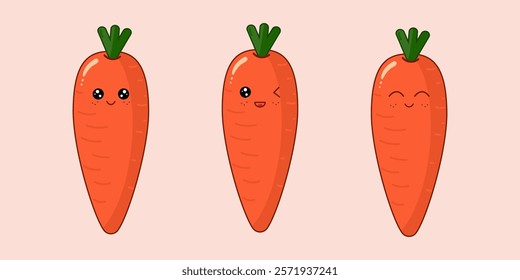 Kawaii carrots set. Cute happy carrots cartoon character. International carrot day. Cute cartoon carrots character. For poster, card, print, social media, post. Vector illustration