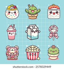 Kawaii carton food and drink characters design bundle