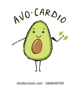 kawaii Cartoon avocado macht Sport. Cute-Food-Illustration. Funny Poster oder T-Shirt Template Design mit Cartoon Avocado und Schrift Avo Cardio. Vektorgrafik