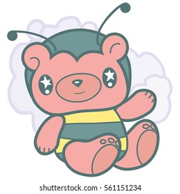 Kawaii cartoon bear in manga style. Fulcolor hand drawing illustration. Background image for book or card for children. Cute teddy-bear printing for textile design.