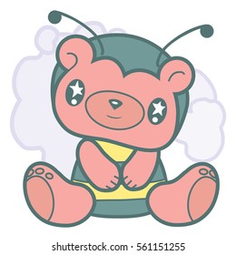 Kawaii cartoon bear in manga style. Fulcolor hand drawing illustration. Background image for book or card for children. Cute teddy-bear printing for textile design.