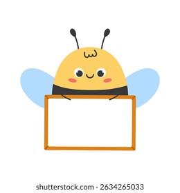 Kawaii cartoon bee holding a blank white sign with a wooden frame. Flat vector illustration