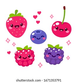Kawaii cartoon berries set. Funny fruit characters with smiling faces, hearts and sparkles. Cute and simple doodle style drawing, isolated vector clip art illustration.
