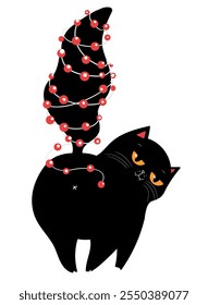 Kawaii cartoon black cat character. a black cunning cat is standing with its back to the camera, its tail is wrapped in garland and looks like a Christmas tree. Merry Christmas. Greeting card. Flat de