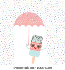 Kawaii cartoon blue ice cream with sunglasses and eyes, ice lolly holding an pink umbrella, pastel colors on white sprinkles rain background. greeting card design, text, fashion baby print. Vector