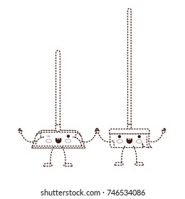 kawaii cartoon broom and dustpan holding hands in brown dotted silhouette vector illustration