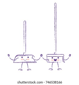 kawaii cartoon broom and dustpan holding hands in purple blurred silhouette vector illustration