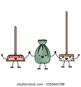 kawaii cartoon broom and garbage bag tied and dustpan holding hands in colored crayon silhouette