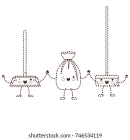 kawaii cartoon broom and garbage bag tied and dustpan holding hands in brown dotted silhouette vector illustration