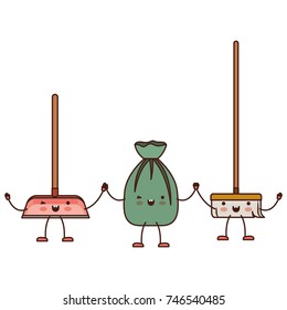 kawaii cartoon broom and garbage bag tied and dustpan holding hands in colorful silhouette vector illustration