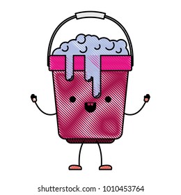 kawaii cartoon bucket with handle and full of water with soap detergent in colored crayon silhouette