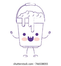 kawaii cartoon bucket with handle and full of water with soap detergent in purple blurred silhouette vector illustration