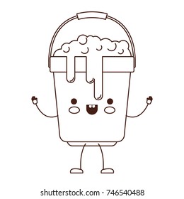 kawaii cartoon bucket with handle and full of water with soap detergent in brown silhouette vector illustration