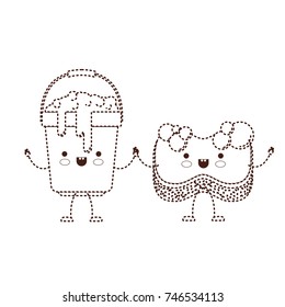 kawaii cartoon bucket with soapy water and sponge holding hands in brown dotted silhouette vector illustration
