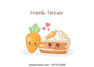 Kawaii cartoon Carrot Cake and Vegetable character with funny face. Cute happy dessert mascot vector illustration isolated on white. Kids menu design. Smiling happy food emoji. Cute bakery element.