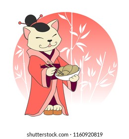 Kawaii cartoon cat chief with noodles (ramen) and chopsticks. Sushi seafood bar or fast food restaurant vector logo template. Japanese cuisine, Korean, Chinese, Asian food icon. Character doodle.