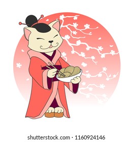 Kawaii cartoon cat chief with noodles (ramen) and chopsticks. Sushi seafood bar or fast food restaurant vector logo template. Japanese cuisine, Korean, Chinese, Asian food icon. Character doodle.