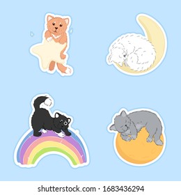 kawaii cartoon cats stickers, cute animals with sun, star, moon, rainbow, editable vector illustration for decoration, t shirt print, poster