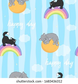 kawaii cartoon cats with sun and rainbow on striped blue background seamless pattern, with lettering element, editable vector illustration for kids decoration, fabric, textile, paper, print