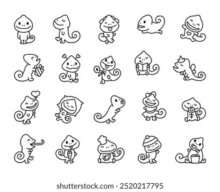 Kawaii cartoon chameleon. Coloring Page. Funny animal character. Hand drawn style.