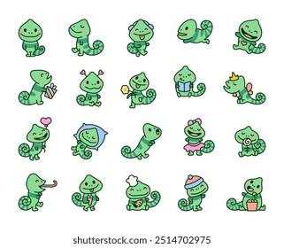 Kawaii cartoon chameleon. Funny animal character. Hand drawn style. Vector drawing. Collection of design elements.