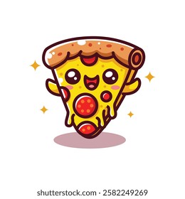 Kawaii Cartoon Character of Sliced Pizza Vector Illustration