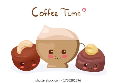 Kawaii cartoon chocolate candy with nuts & cappuccino characters with funny face. Cute happy food mascot vector illustration isolated on white. Kids menu design concept. Smiling face food mascot.