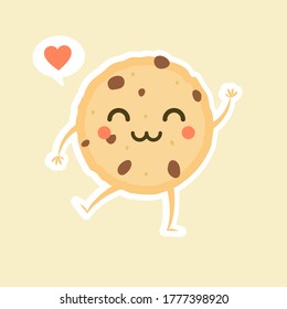 Kawaii cartoon chocolate chip cookie character with funny face. Cute happy cookie mascot vector illustration isolated on white. Kids menu design concept. Smiling and surprised face food emoticon