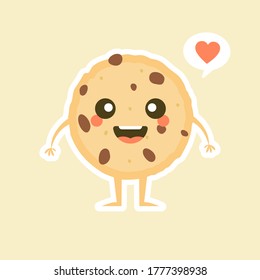 Kawaii cartoon chocolate chip cookie character with funny face. Cute happy cookie mascot vector illustration isolated on white. Kids menu design concept. Smiling and surprised face food emoticon