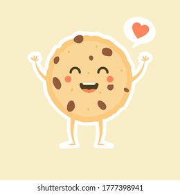 Kawaii cartoon chocolate chip cookie character with funny face. Cute happy cookie mascot vector illustration isolated on white. Kids menu design concept. Smiling and surprised face food emoticon