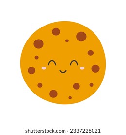 kawaii-Cartoon-Schokoladenchip-Cookie-Charakter mit lustigem Gesicht, Vektorgrafik süßer, glücklicher Zucker-Lebensmittel einzeln auf weißem Hintergrund, Kindermenü-Design-Konzept