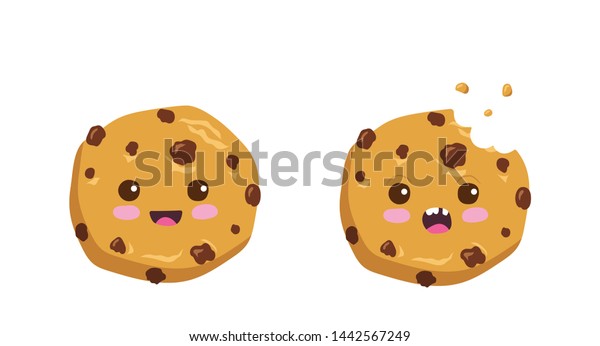 おかしな顔をしたかわいいカワイイ カットーンのチョコレート チップ クッキーのキャラクター 白い背景にかわいい幸せなクッキーのマスコットベクターイラスト 子ども向けメニューのデザインコンセプト 笑顔で驚いた顔にエモジ のベクター画像素材 ロイヤリティ