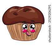 kawaii cartoon chocolate muffin with chocolate chip character mascot isolated vector illustration, work of hand drawn