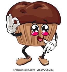 muffin de chocolate de desenho animado kawaii com mascote de personagem de chip de chocolate ilustração vetor isolado dançando enquanto dá o sinal ok, trabalho de mão desenhada