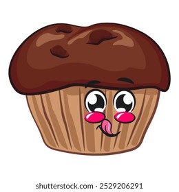 kawaii cartoon chocolate muffin with chocolate chip character mascot isolated vector illustration, work of hand drawn