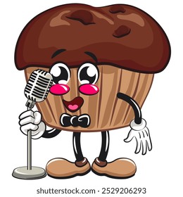 kawaii cartoon chocolate muffin with chocolate chip character mascot isolated vector illustration in front of the mic become a stand up comedian, work of hand drawn