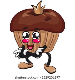 kawaii cartoon chocolate muffin with chocolate chip character mascot isolated vector illustration crowned like a king while folding his arms calmly, work of hand drawn