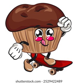 kawaii cartoon chocolate muffin with chocolate chip character mascot isolated vector illustration playing skateboardin, work of hand drawn
