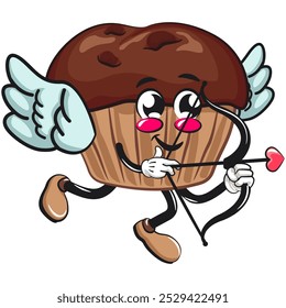 kawaii cartoon chocolate muffin with chocolate chip character mascot isolated vector illustration become a cupid with angel wings and the arrow of love, work of hand drawn