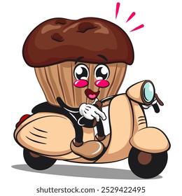 kawaii cartoon chocolate muffin with chocolate chip character mascot isolated vector illustration riding a scoote, work of hand drawn