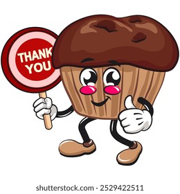 kawaii cartoon chocolate muffin with chocolate chip character mascot isolated vector illustration carrying a sign saying thank you, work of hand drawn