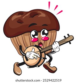 Muffin de chocolate de dibujos animados de Kawaii con mascota de personaje de chip de chocolate Ilustración vectorial aislada tocando el instrumento musical banjo, trabajo de dibujado a mano