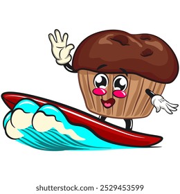 kawaii cartoon chocolate muffin with chocolate chip character mascot isolated vector illustration surfing happily, work of hand drawn