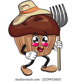 muffin de chocolate de desenho animado kawaii com mascote de personagem de chip de chocolate ilustração vetor isolado como agricultor de chapéu com seu for, trabalho de mão desenhada