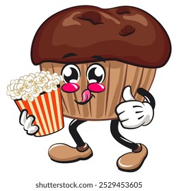 kawaii cartoon chocolate muffin with chocolate chip character mascot isolated vector illustration brought a bucket of popcorn, work of hand drawn