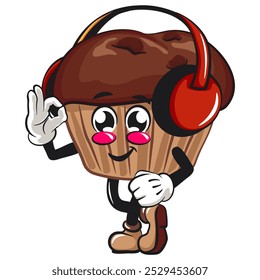 kawaii cartoon chocolate muffin with chocolate chip character mascot isolated vector illustration listening to headset while dancing, work of hand drawn