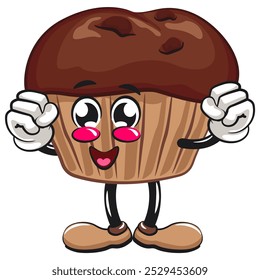 kawaii cartoon chocolate muffin with chocolate chip character mascot isolated vector illustration be healthy and strong enough to become a champion, work of hand drawn