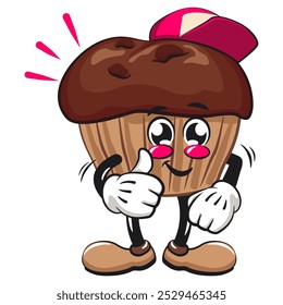 kawaii cartoon chocolate muffin with chocolate chip character mascot isolated vector illustration wearing a baseball cap while giving a thumbs up, work of hand drawn