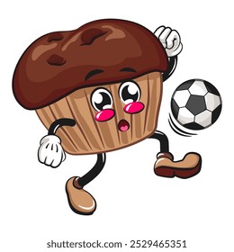 kawaii cartoon chocolate muffin with chocolate chip character mascot isolated vector illustration dribbling a football or soccer ball, work of hand drawn